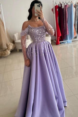 Glamorous Lilac Strapless A-Line One-shoulder Illusion Sleeve Beaded Satin Prom Evening Dresses With Pearls And Rhinestones