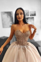 Glamorous Long A-line Beading Sleeveless Tulle Sweetheart Prom Evening Dresses with Lace