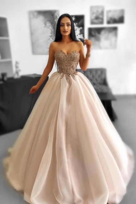 Glamorous Long A-line Beading Sleeveless Tulle Sweetheart Prom Evening Dresses with Lace