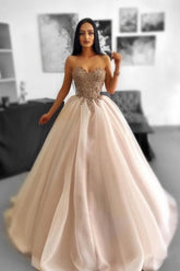 Glamorous Long A-line Beading Sleeveless Tulle Sweetheart Prom Evening Dresses with Lace
