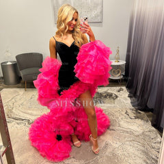 Glamorous Long Black and Fuchsia Speghetti Straps Prom Dress with Ruffles and Slit