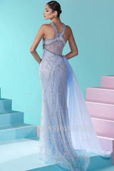 Glamorous Long Blue Mermaid Beading Sleeveless Tulle Prom Evening Dresses With Slit