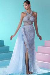 Glamorous Long Blue Mermaid Beading Sleeveless Tulle Prom Evening Dresses With Slit