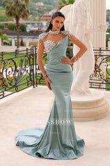 Glamorous Long Blue Mermaid High Neck Glitter Satin Prom Evening Dresses With Long Sleeves
