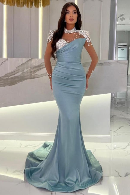 Glamorous Long Blue Mermaid High Neck Glitter Satin Prom Evening Dresses With Long Sleeves