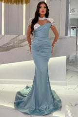 Glamorous Long Blue Mermaid High Neck Glitter Satin Prom Evening Dresses With Long Sleeves