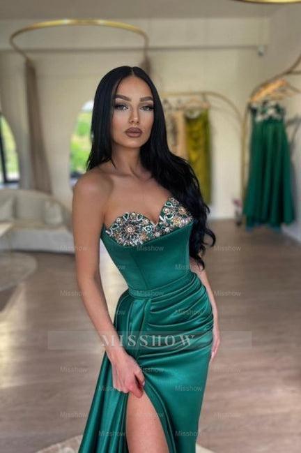 Glamorous Long Dark Green Mermaid Strapless Satin Beading Prom Evening Dresses with Slit