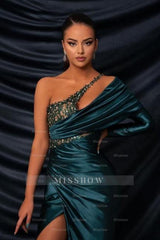 Glamorous Long Dark Green One Shoulder Beading Lace Long Sleeve Prom Evening Dresses with Slit