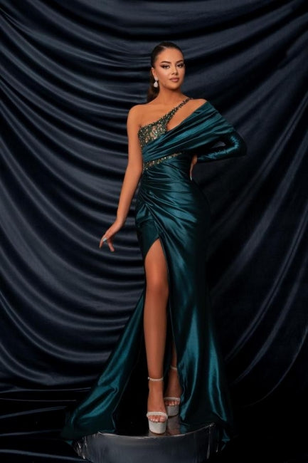 Glamorous Long Dark Green One Shoulder Beading Lace Long Sleeve Prom Evening Dresses with Slit