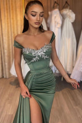 Glamorous Long Green Sleeveless Sexy Lace Satin Prom Evening Dresses with Slit