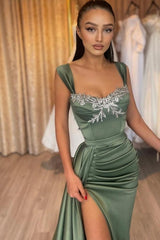 Glamorous Long Green Sleeveless Sexy Lace Satin Prom Evening Dresses with Slit