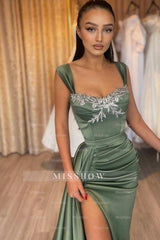 Glamorous Long Green Sleeveless Sexy Lace Satin Prom Evening Dresses with Slit
