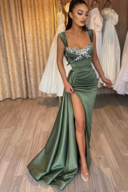 Glamorous Long Green Sleeveless Sexy Lace Satin Prom Evening Dresses with Slit