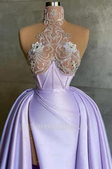Glamorous Long Lilac A-line High Neck Lace Satin Prom Evening Dresses with Slit