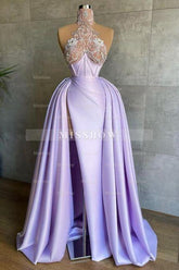Glamorous Long Lilac A-line High Neck Lace Satin Prom Evening Dresses with Slit