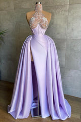 Glamorous Long Lilac A-line High Neck Lace Satin Prom Evening Dresses with Slit