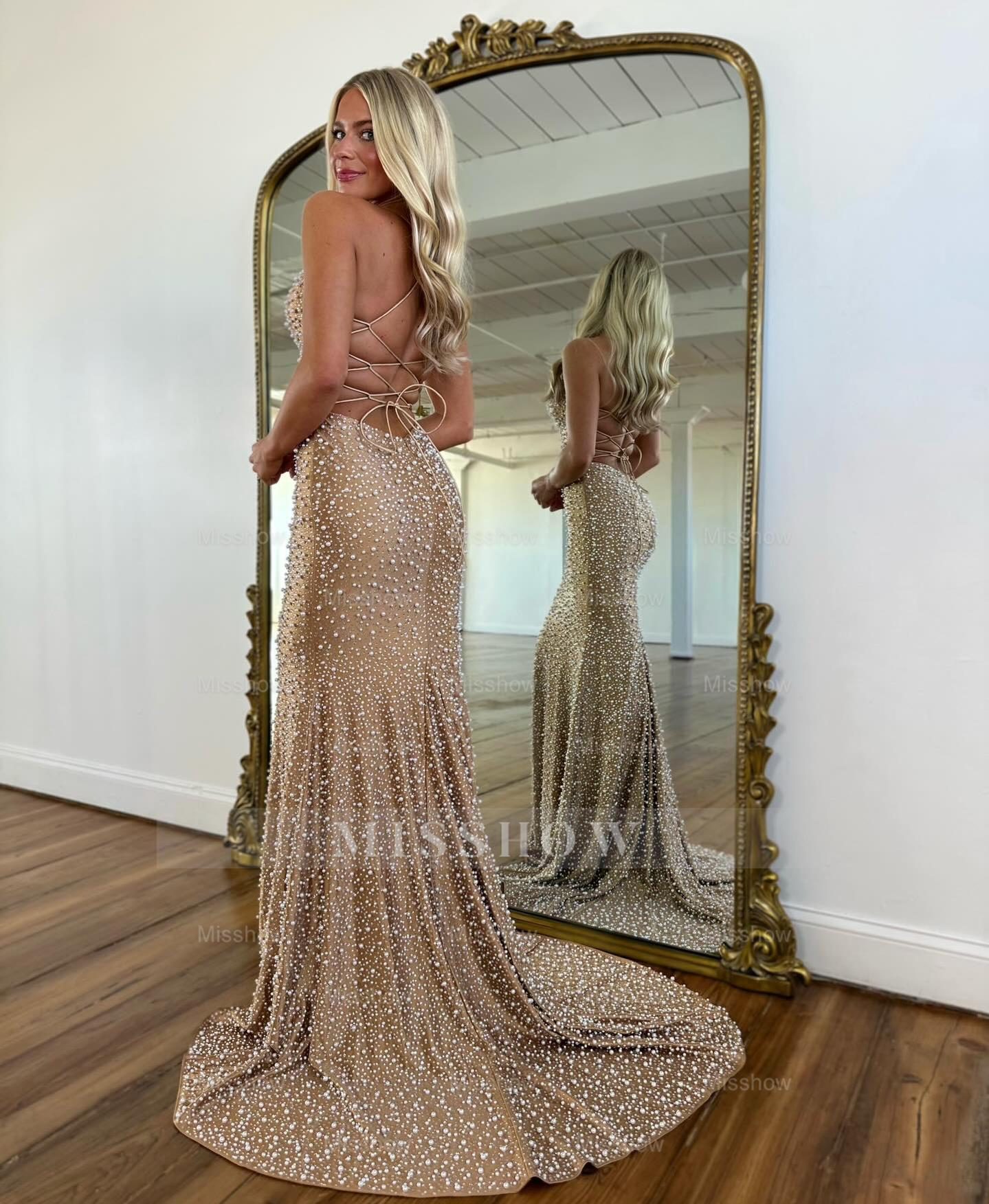 Glamorous Long Mermaid Champagne Lace-up Prom Dress with Pearls