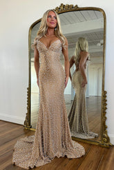 Glamorous Long Mermaid Champagne Lace-up Prom Dress with Pearls