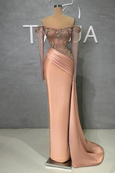 Glamorous Long Mermaid Off-the-shoulder Satin Beading Pearls Prom Evening Dresses with Long Sleeves