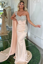 Glamorous Long Mermaid One Shoulder Beading Sleeveless Designer Prom Evening Dresses