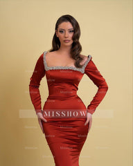 Glamorous Long Mermaid Square Neck Rhinestones Prom Dress With Long Sleeves