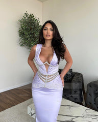 Glamorous Long Mermaid V-neck Rhinestones Sleeveless Prom Dress