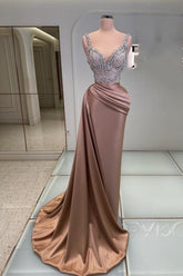 Glamorous Long Mermaid V-neck Sleeveless Jewel Prom Evening Dresses