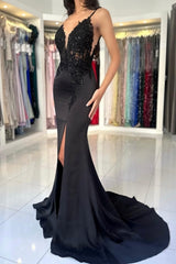 Glamorous Long Mermaid V-neck Spaghetti Straps Lace Prom Evening Dresses with Slit