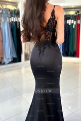 Glamorous Long Mermaid V-neck Spaghetti Straps Lace Prom Evening Dresses with Slit