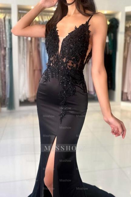 Glamorous Long Mermaid V-neck Spaghetti Straps Lace Prom Evening Dresses with Slit