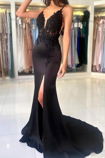 Glamorous Long Mermaid V-neck Spaghetti Straps Lace Prom Evening Dresses with Slit