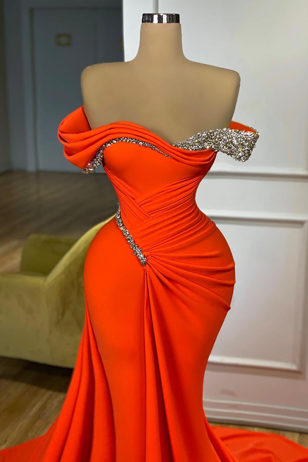Glamorous Long Orange Mermaid Off-the-shoulder Beaded Sequined Prom Dress