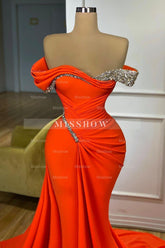 Glamorous Long Orange Mermaid Off-the-shoulder Beaded Sequined Prom Dress