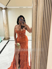 Glamorous Long Orange Sleeveless Sequined Lace Prom Dress with Slit