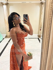 Glamorous Long Orange Sleeveless Sequined Lace Prom Dress with Slit