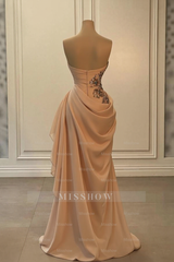 Glamorous Long Peach Strapless Sweetheart Satin Chiffon Sleeveless Prom Evening Dresses with Beads