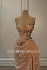 Glamorous Long Peach Strapless Sweetheart Satin Chiffon Sleeveless Prom Evening Dresses with Beads