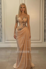 Glamorous Long Peach Strapless Sweetheart Satin Chiffon Sleeveless Prom Evening Dresses with Beads