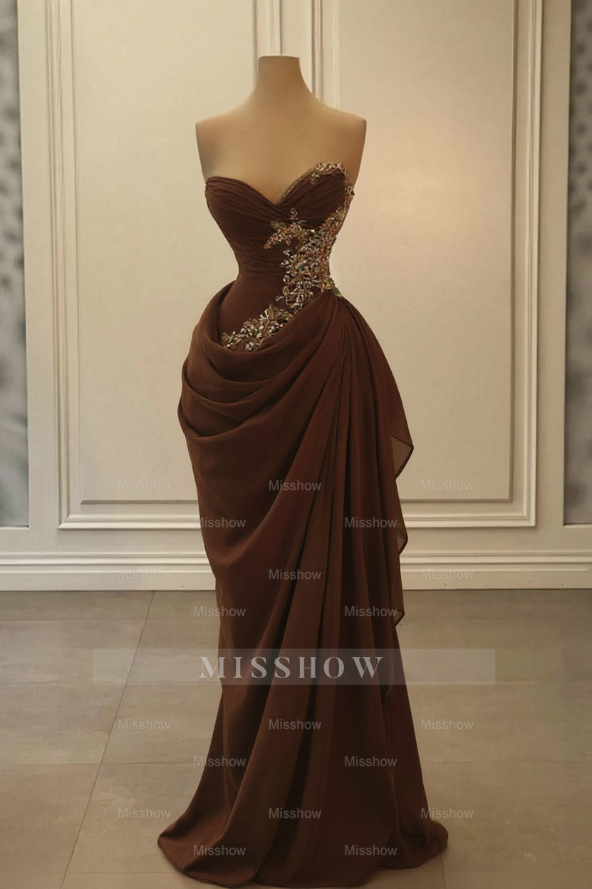 Glamorous Long Peach Strapless Sweetheart Satin Chiffon Sleeveless Prom Evening Dresses with Beads