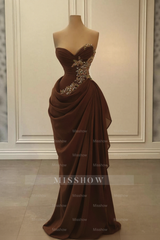 Glamorous Long Peach Strapless Sweetheart Satin Chiffon Sleeveless Prom Evening Dresses with Beads