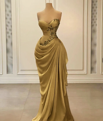 Glamorous Long Peach Strapless Sweetheart Satin Chiffon Sleeveless Prom Evening Dresses with Beads