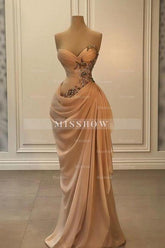 Glamorous Long Peach Strapless Sweetheart Satin Chiffon Sleeveless Prom Evening Dresses with Beads