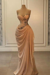 Glamorous Long Peach Strapless Sweetheart Satin Chiffon Sleeveless Prom Evening Dresses with Beads