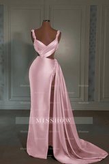 Glamorous Long Pink Straps Satin Split Front Beading Prom Dress With Ruffles
