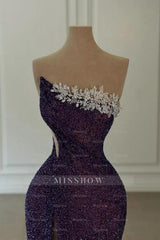 Glamorous Long Purple Strapless Sequined Beading Prom Evening Dresses with Slit