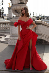 Glamorous Long Red A-line Off-the-shoulder Ruffles Prom Evening Dresses with Slit