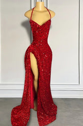 Red v-neck split-front mermaid prom dress