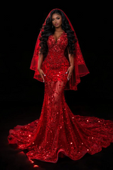 Red halter rhinestone mermaid prom dress