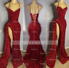 Glamorous Long Red Mermaid Straps Sequied Prom Dress with Slit