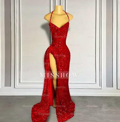 Glamorous Long Red Mermaid Straps Sequied Prom Dress with Slit